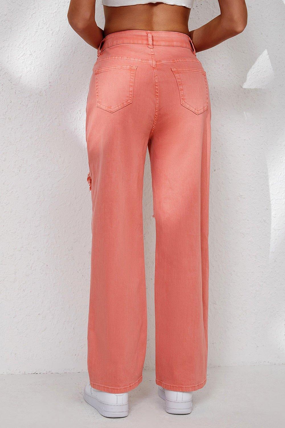 Salmon High Waist Ripped Straight Leg Jeans - Klazzi Fashion Boutique