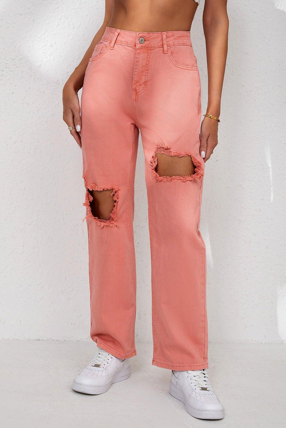 Salmon High Waist Ripped Straight Leg Jeans - Klazzi Fashion Boutique