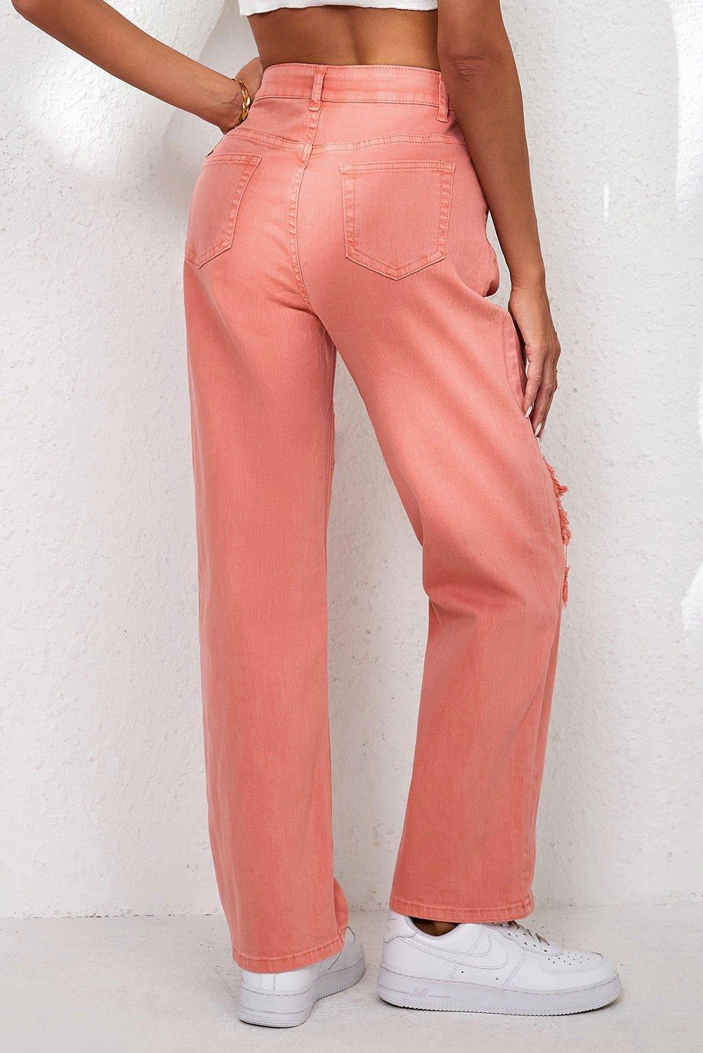 Salmon High Waist Ripped Straight Leg Jeans - Klazzi Fashion Boutique