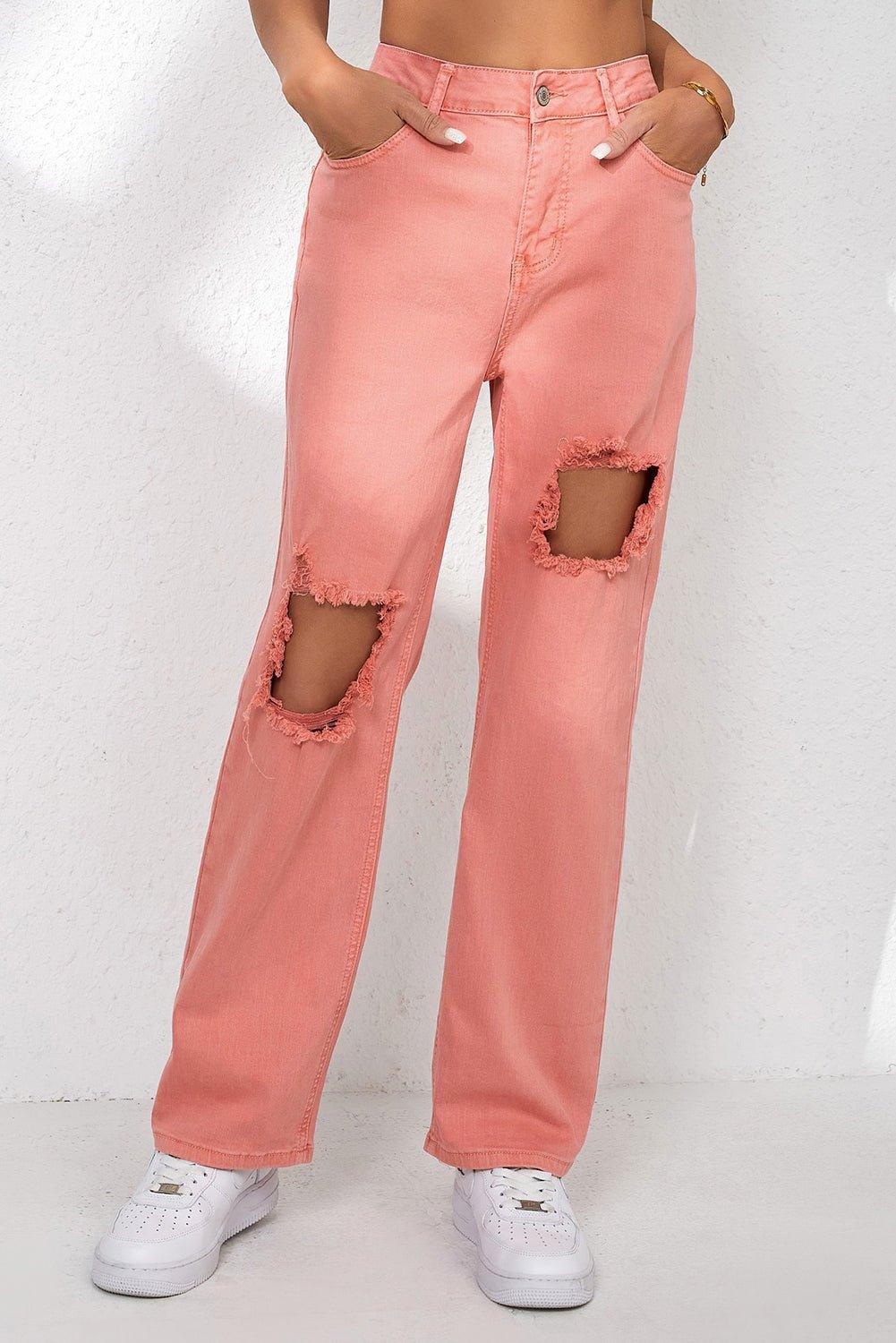 Salmon High Waist Ripped Straight Leg Jeans - Klazzi Fashion Boutique