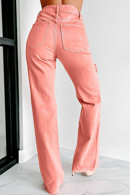 Salmon High Waist Ripped Straight Leg Jeans - Klazzi Fashion Boutique