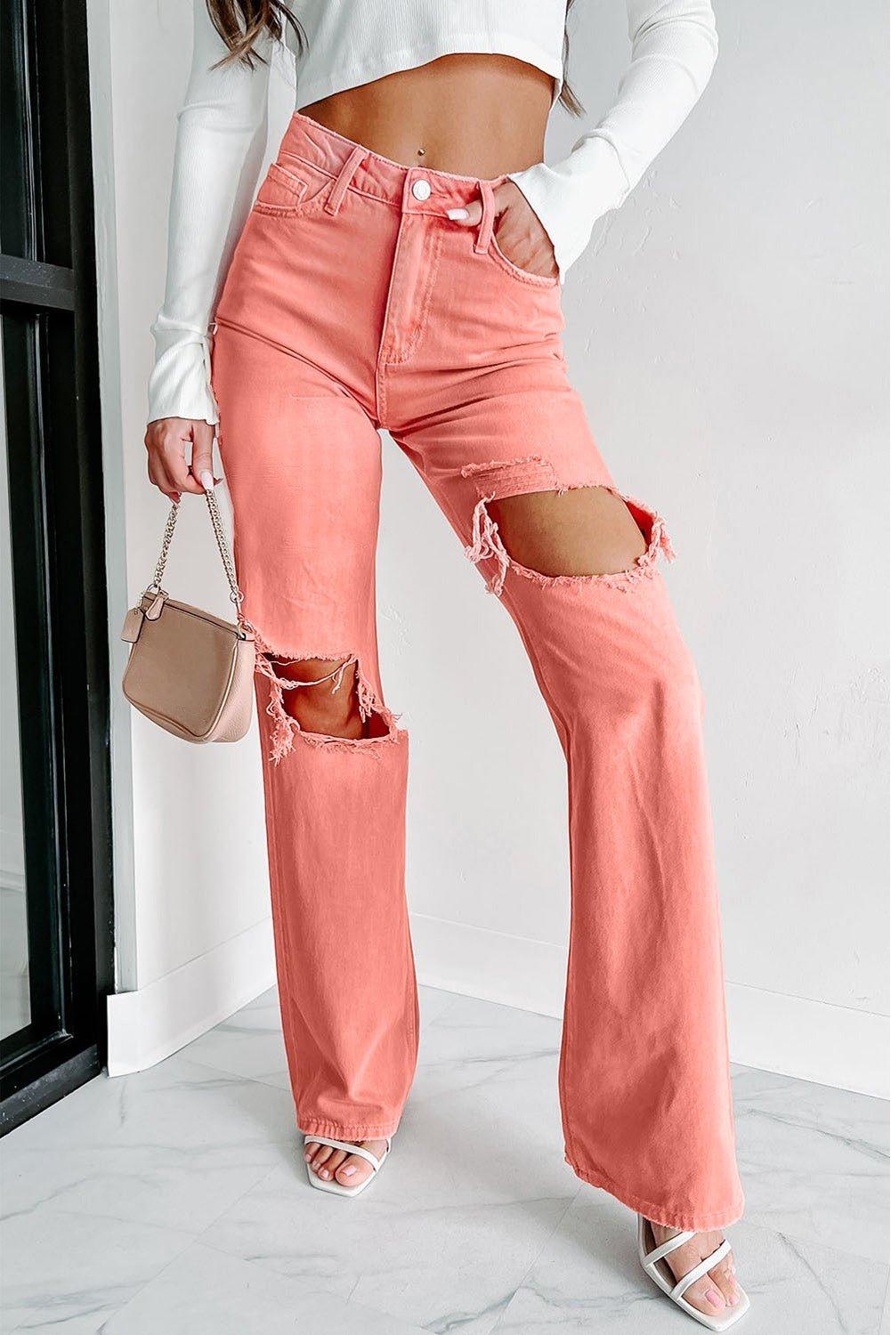 Salmon High Waist Ripped Straight Leg Jeans - Klazzi Fashion Boutique