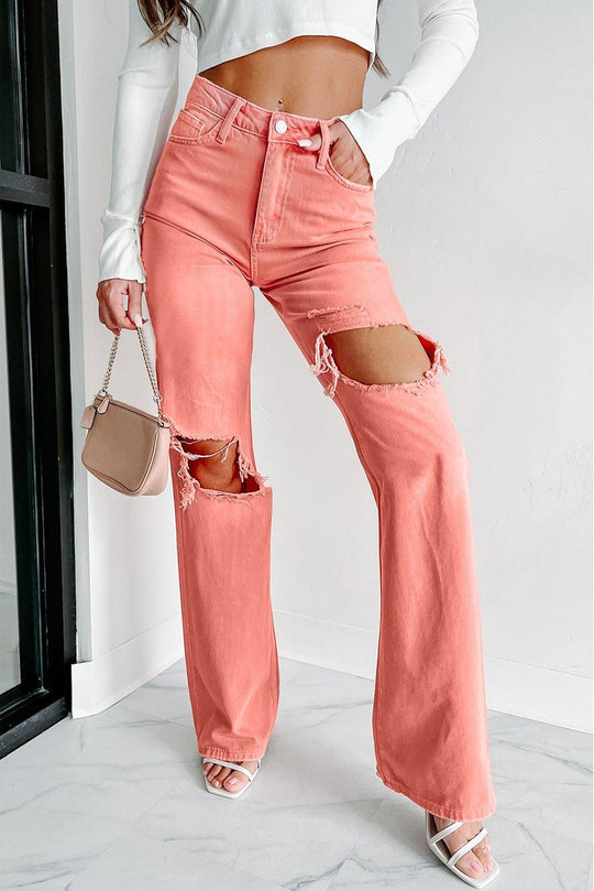 Salmon High Waist Ripped Straight Leg Jeans - Klazzi Fashion Boutique