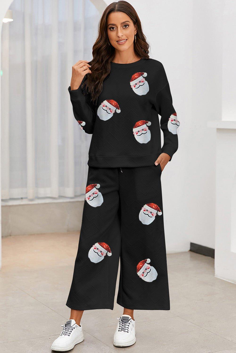 Santa Clause Print Black Christmas Pant Set