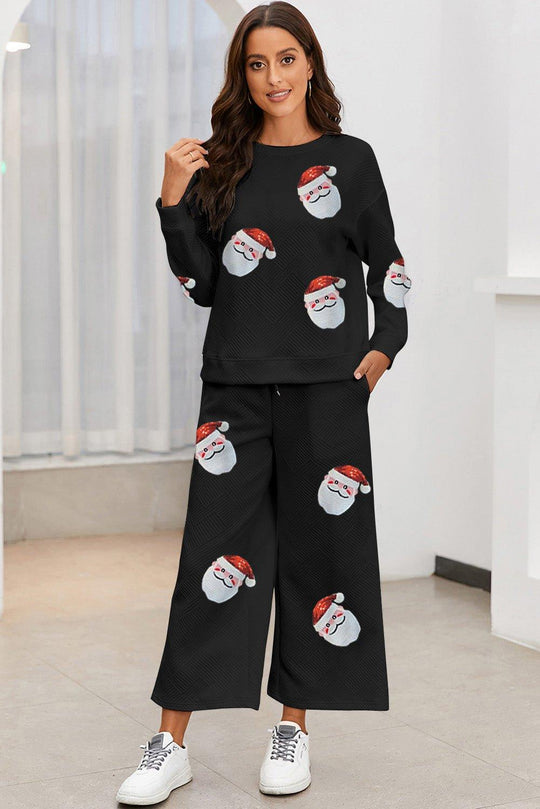 Santa Clause Print Black Christmas Pant Set