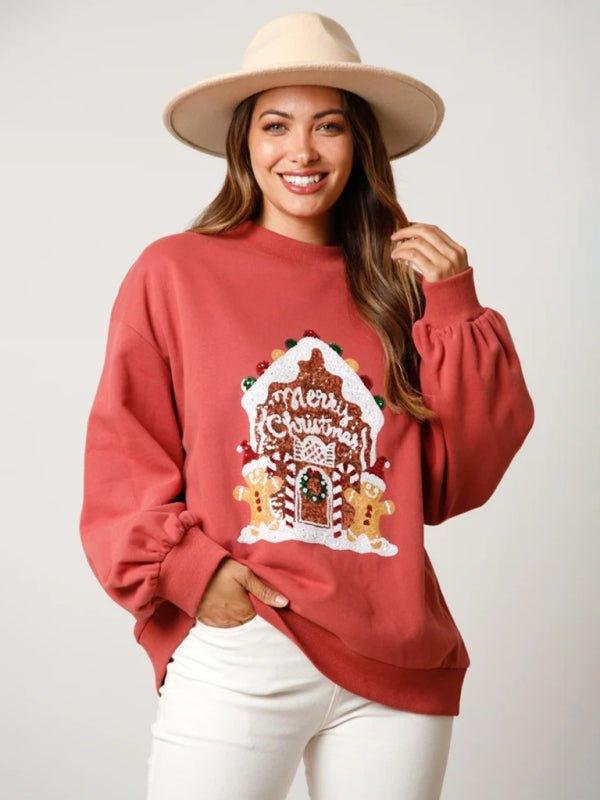 Sassy Christmas Sequins Gingerbread House Sweatshirt