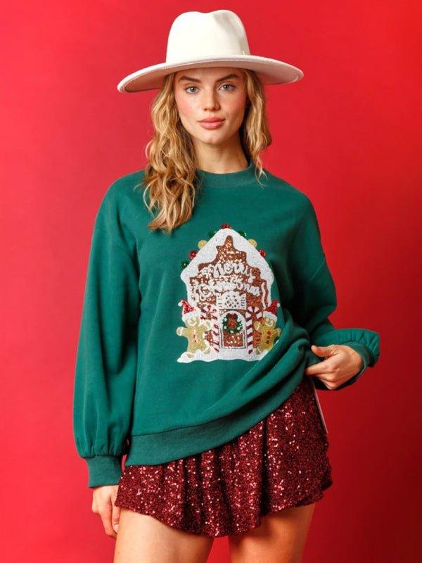 Sassy Christmas Sequins Gingerbread House Sweatshirt - Klazzi Fashion Boutique