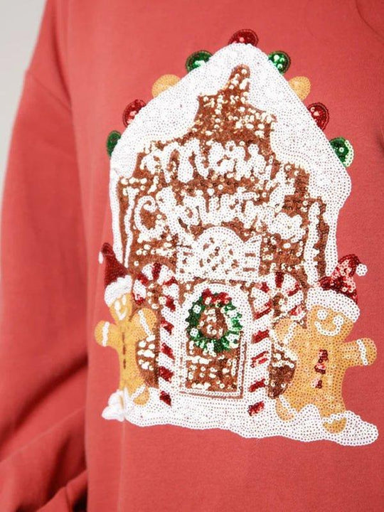 Sassy Christmas Sequins Gingerbread House Sweatshirt