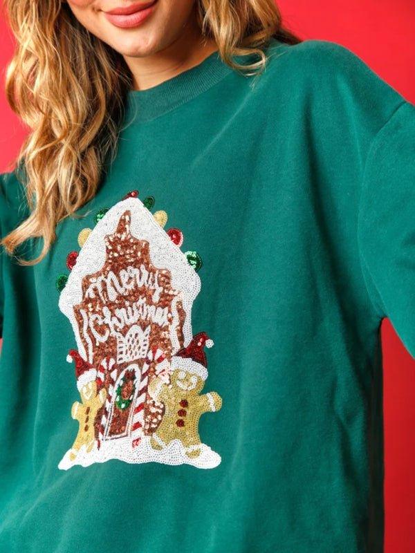 Sassy Christmas Sequins Gingerbread House Sweatshirt