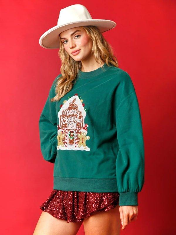 Sassy Christmas Sequins Gingerbread House Sweatshirt