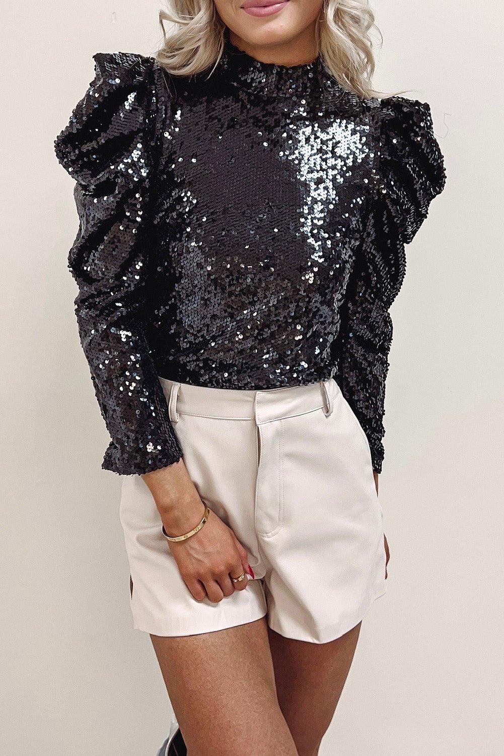 Sequin Bubble Sleeve Blouse - Klazzi Fashion Boutique