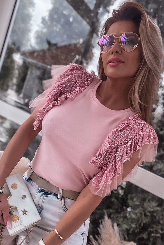 Sequined Pink Ruffle Sleeves Blouse - Klazzi Fashion Boutique