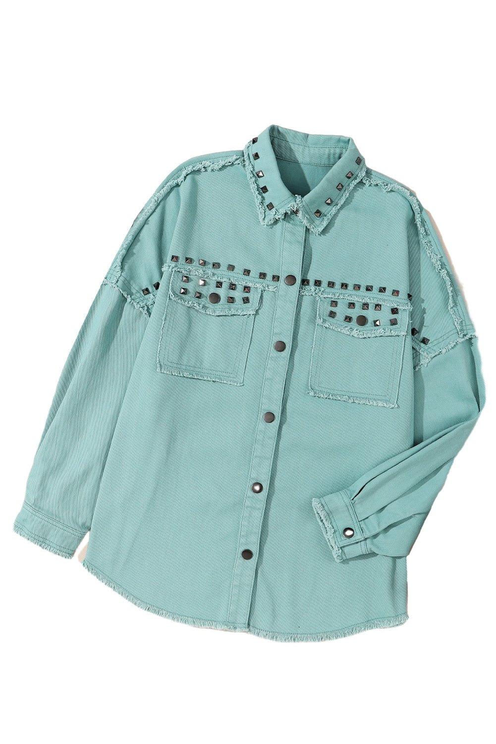 Soft Green Rivet Frayed Denim Jacket - Klazzi Fashion Boutique