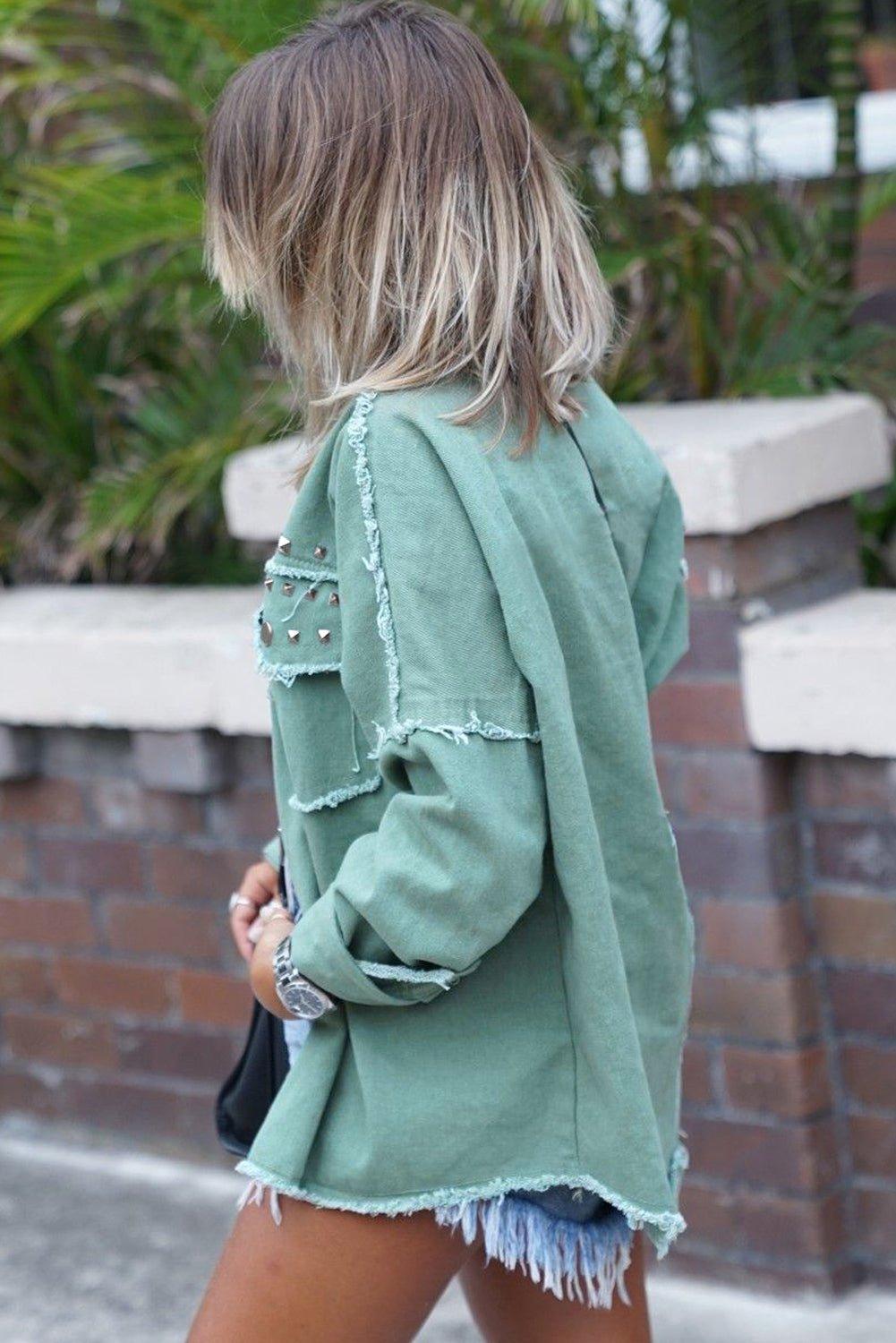 Soft Green Rivet Frayed Denim Jacket - Klazzi Fashion Boutique