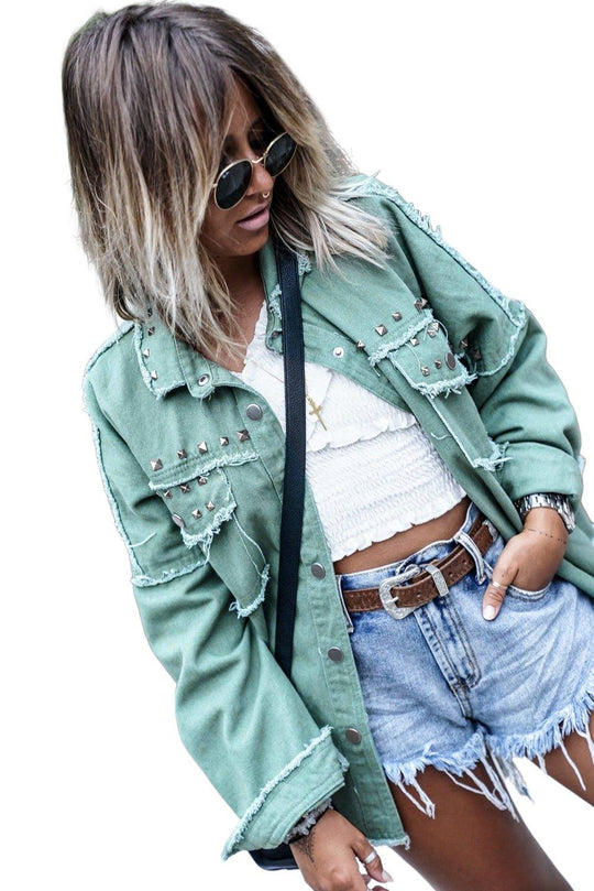 Soft Green Rivet Frayed Denim Jacket - Klazzi Fashion Boutique