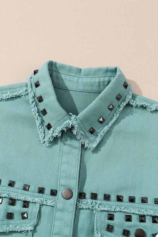 Soft Green Rivet Frayed Denim Jacket - Klazzi Fashion Boutique