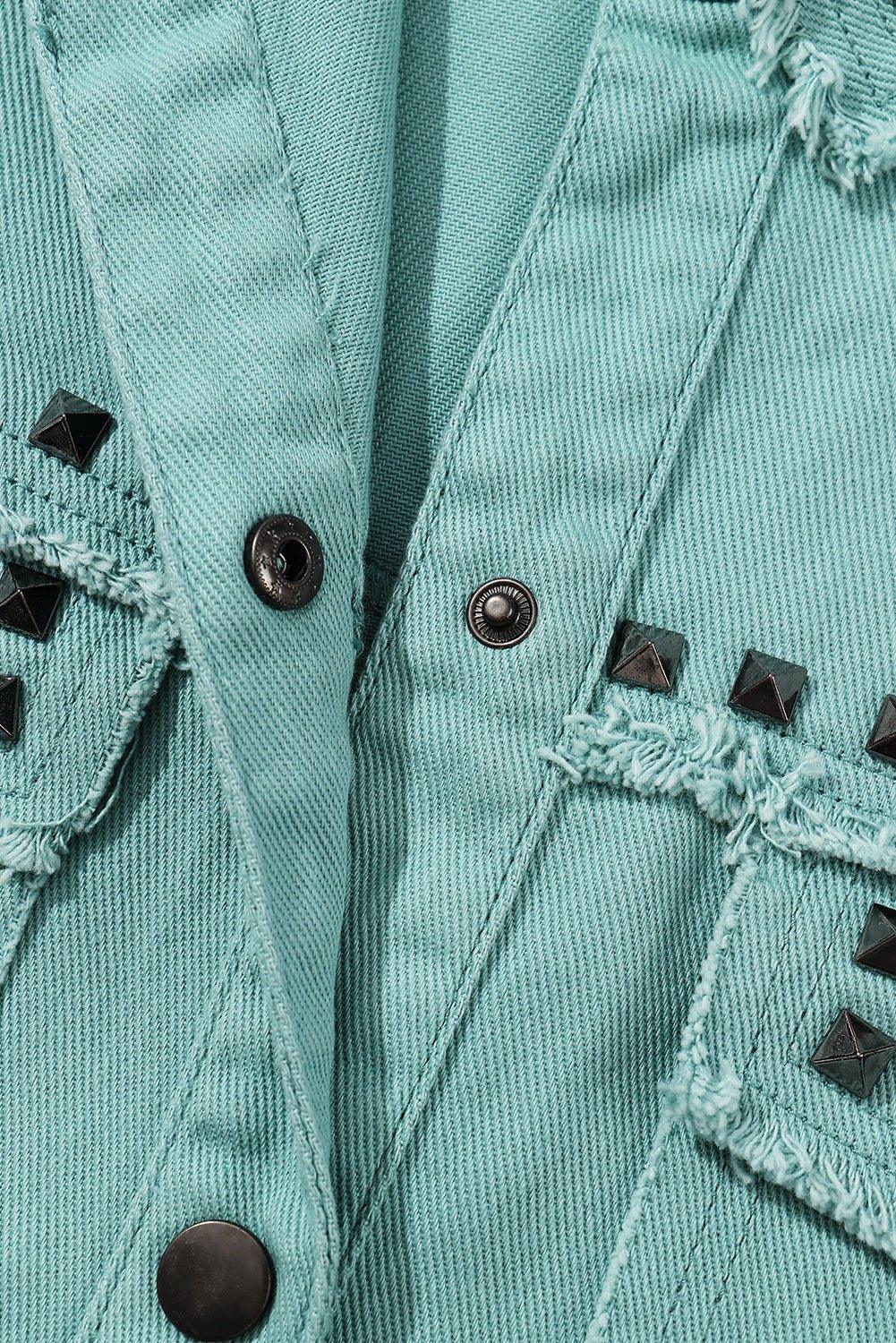 Soft Green Rivet Frayed Denim Jacket - Klazzi Fashion Boutique