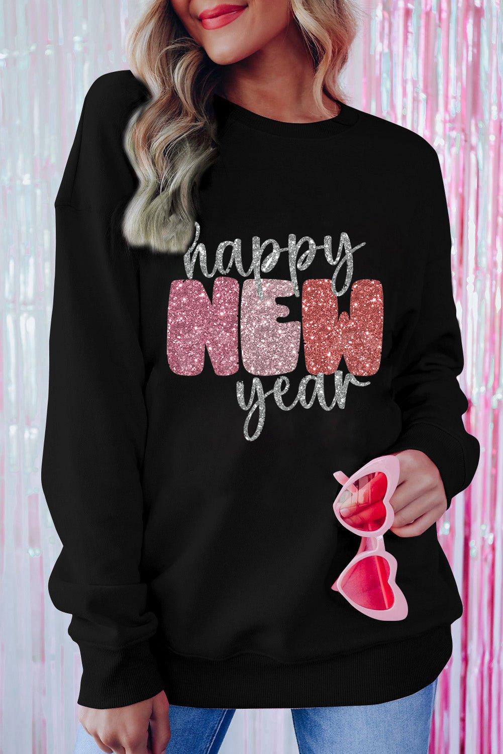 Sparkle Happy New Year Black Graphic Sweatshirt - Klazzi Fashion Boutique