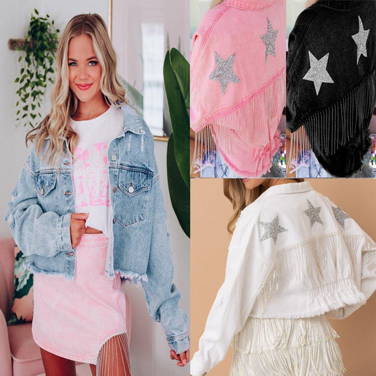 Sparkling Stars Rhinestone Fringe Denim Jacket Star - Klazzi Fashion Boutique