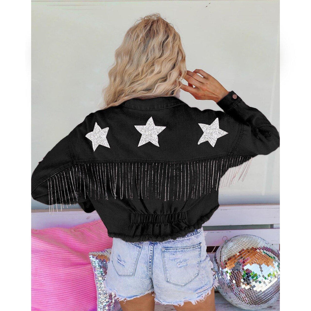 Sparkling Stars Rhinestone Fringe Denim Jacket Star - Klazzi Fashion Boutique