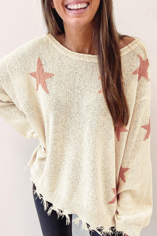 Starry Beige Distressed Sweater - Klazzi Fashion Boutique