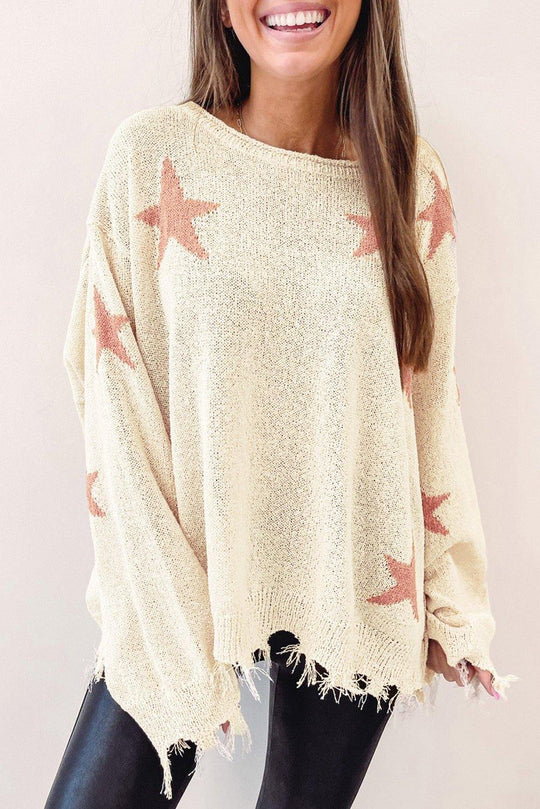 Starry Beige Distressed Sweater - Klazzi Fashion Boutique