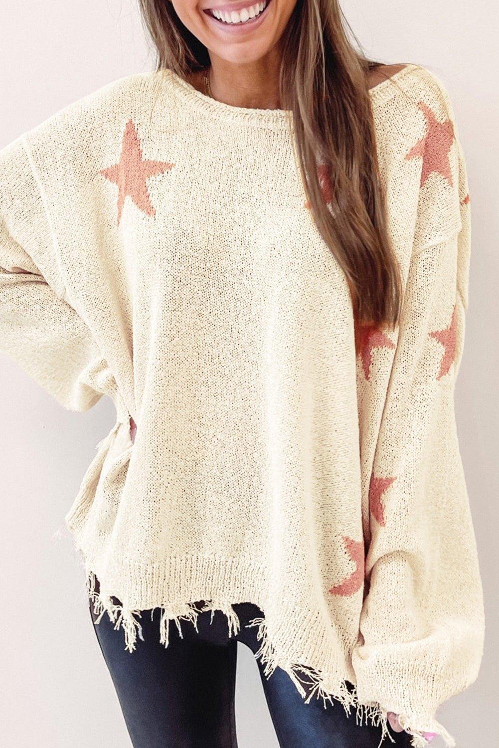 Starry Beige Distressed Sweater - Klazzi Fashion Boutique