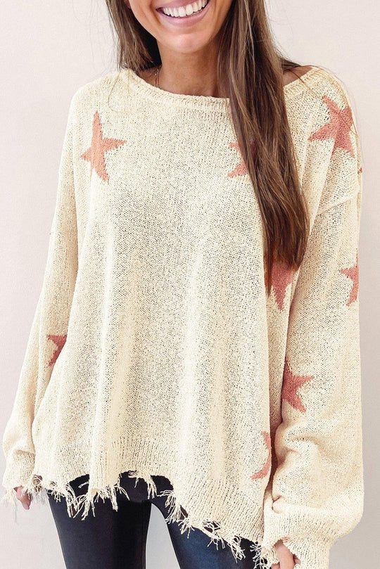 Starry Beige Distressed Sweater - Klazzi Fashion Boutique