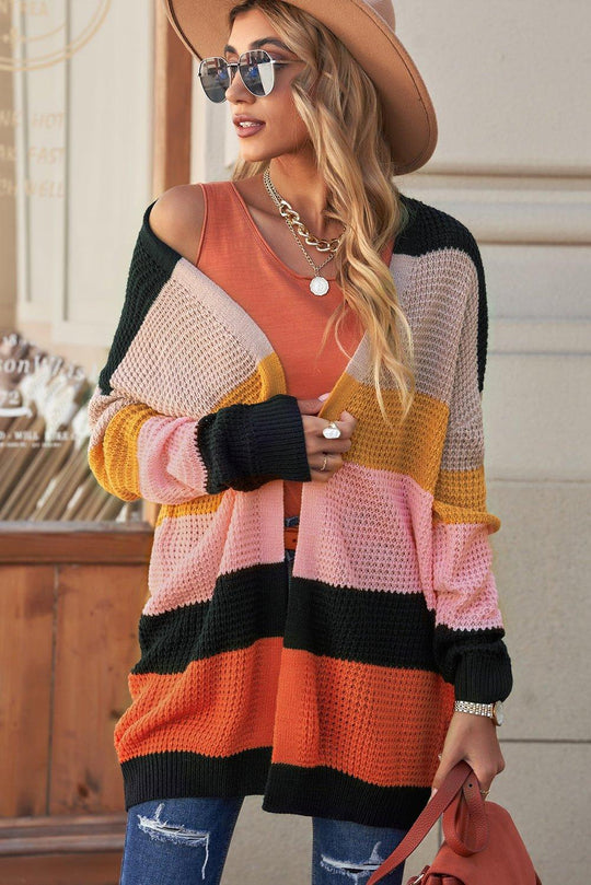 Striped Multicolor Waffle Cardigan - Klazzi Fashion Boutique