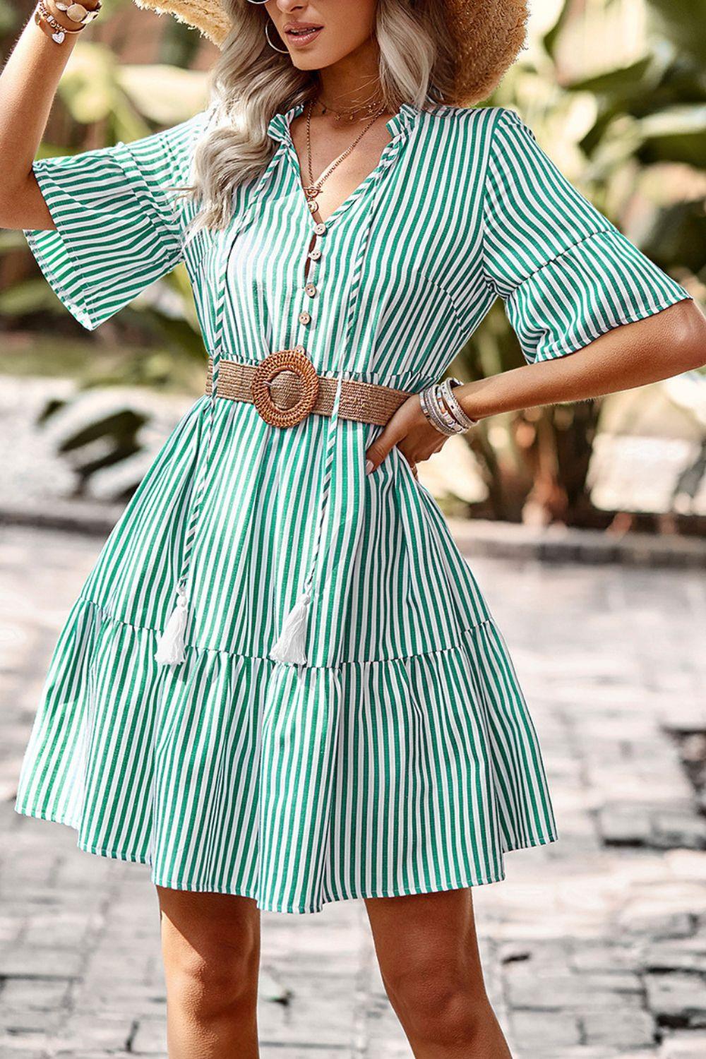 Green Striped Flare Sleeve Dress