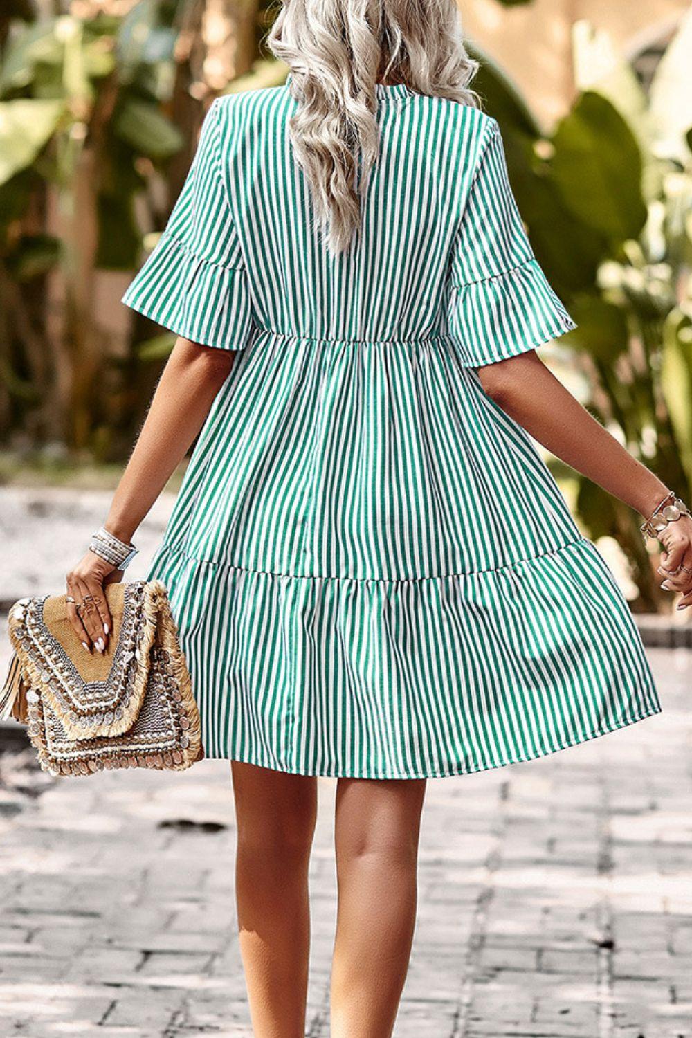 Green Striped Flare Sleeve Dress