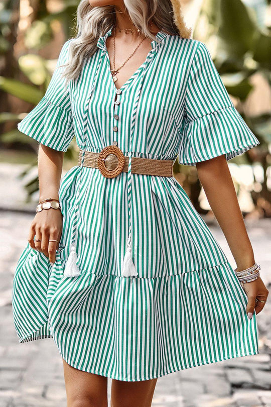 Green Striped Flare Sleeve Dress