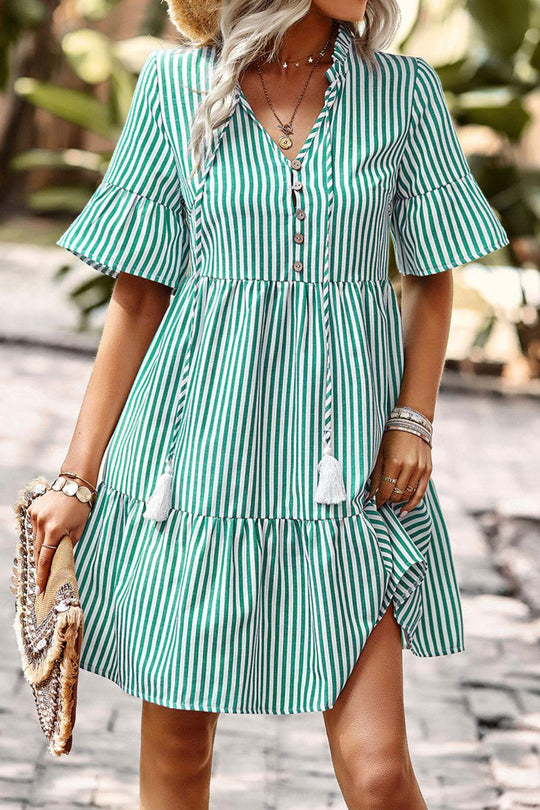 Green Striped Flare Sleeve Dress