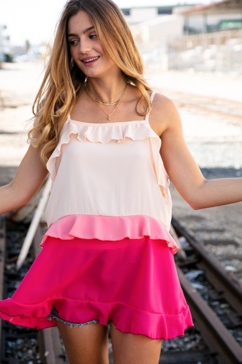 Tammy Peach/Fuchsia Ruffle Crepe Tank Top - Klazzi Fashion Boutique