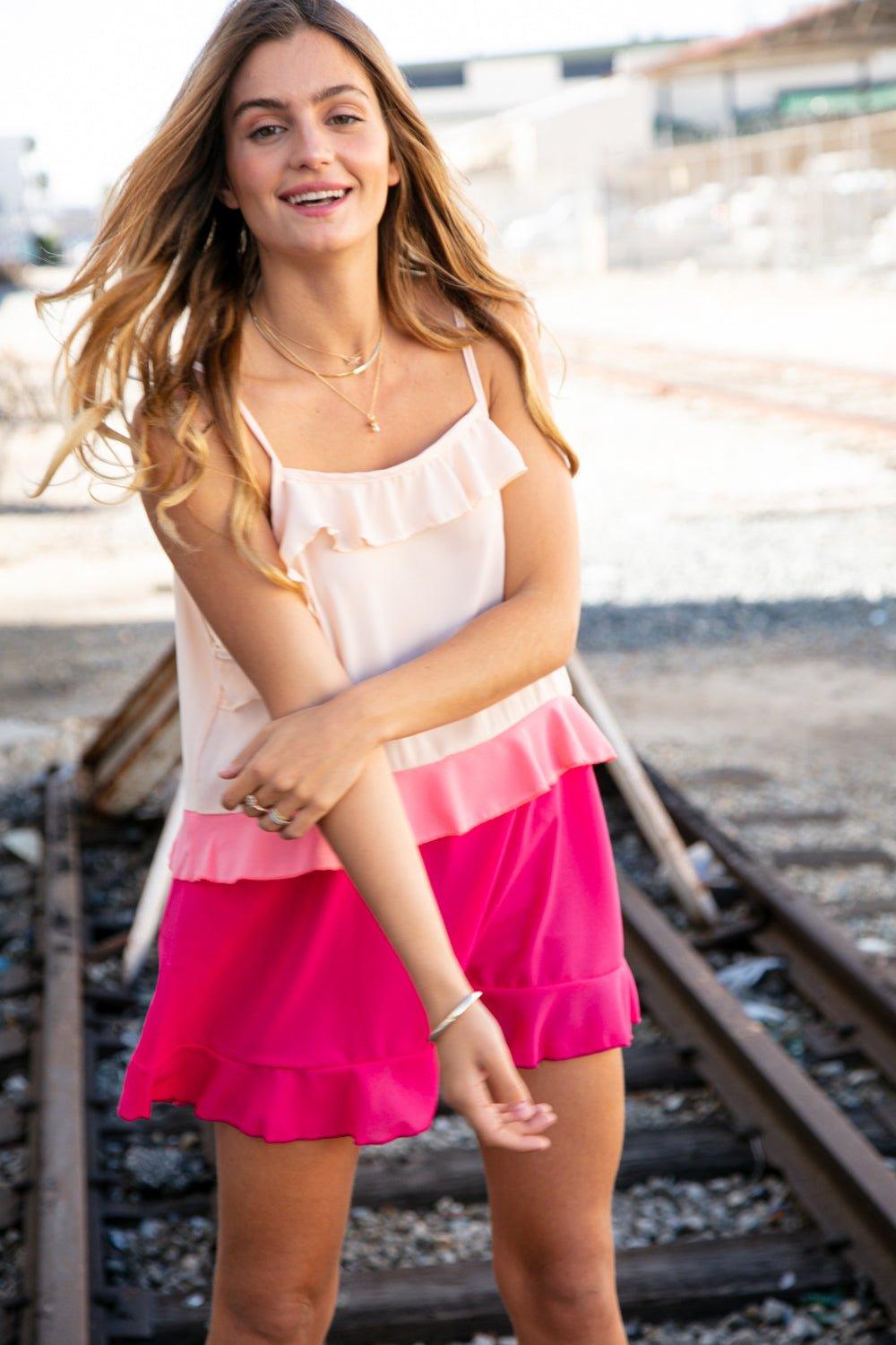 Tammy Peach/Fuchsia Ruffle Crepe Tank Top - Klazzi Fashion Boutique