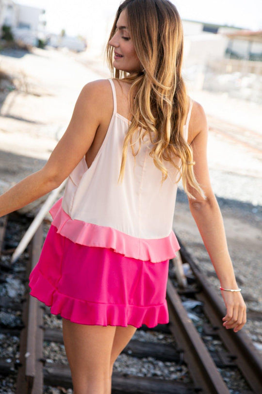 Tammy Peach/Fuchsia Ruffle Crepe Tank Top - Klazzi Fashion Boutique