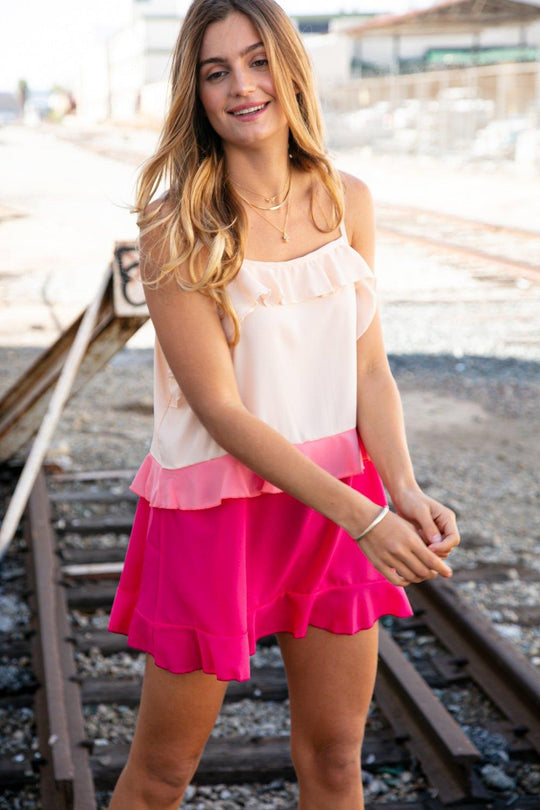 Tammy Peach/Fuchsia Ruffle Crepe Tank Top - Klazzi Fashion Boutique