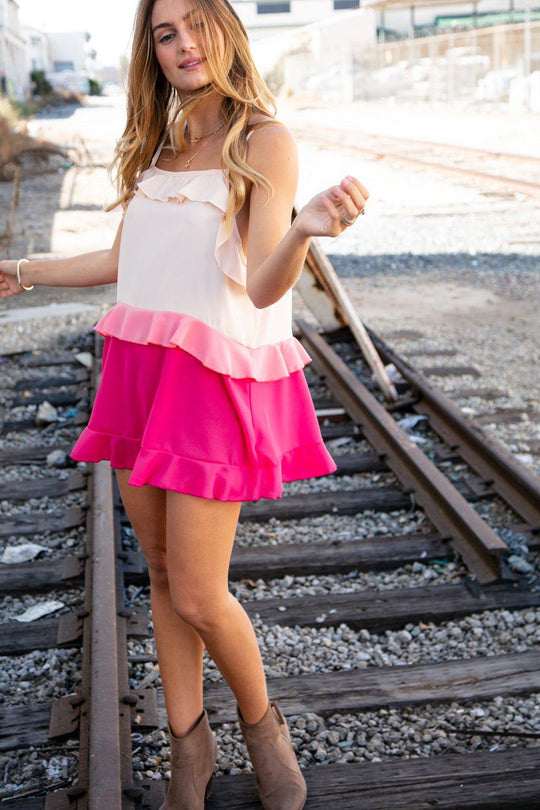 Tammy Peach/Fuchsia Ruffle Crepe Tank Top - Klazzi Fashion Boutique