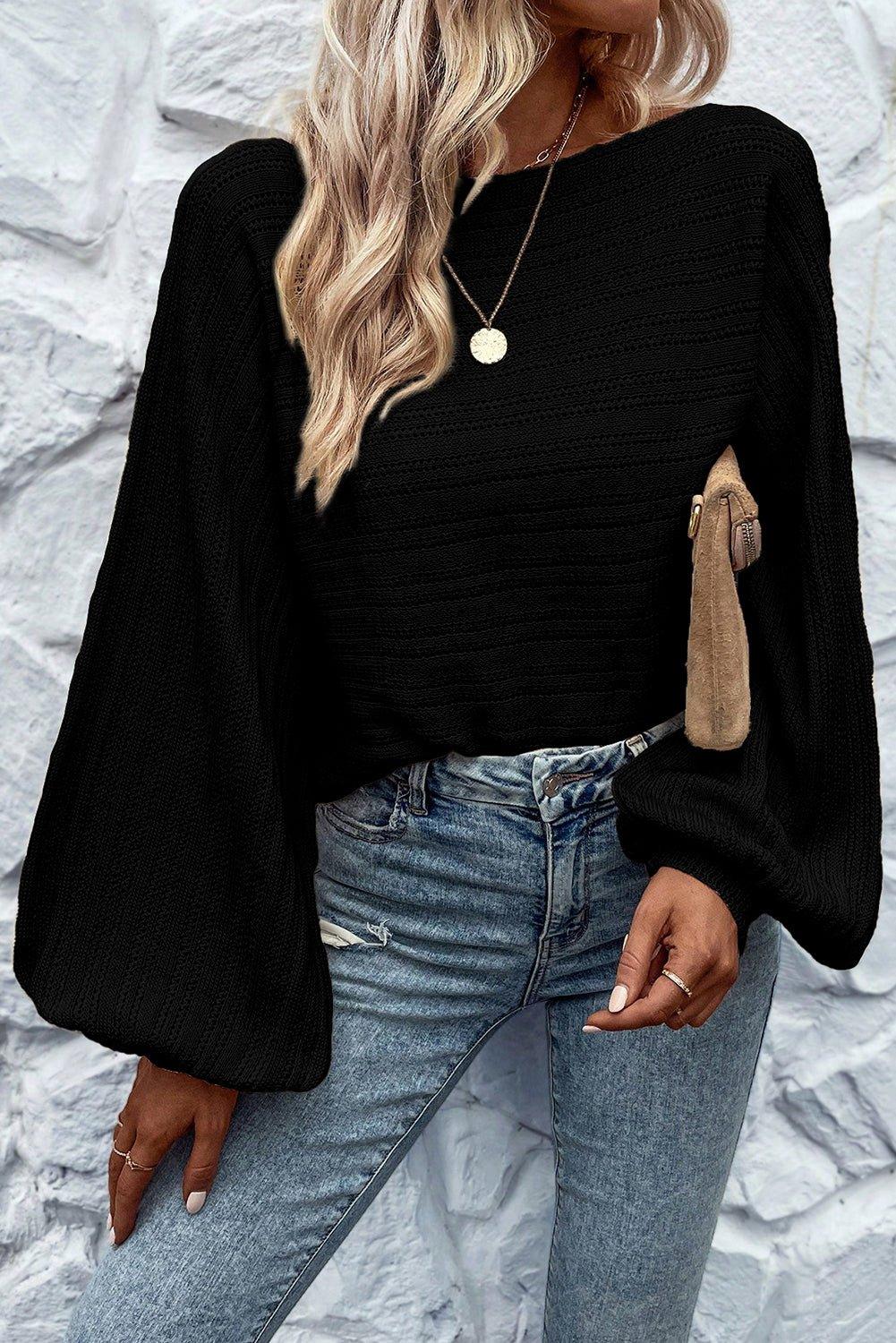 Victoria Black Lantern Sleeve Knit Sweater - Klazzi Fashion Boutique