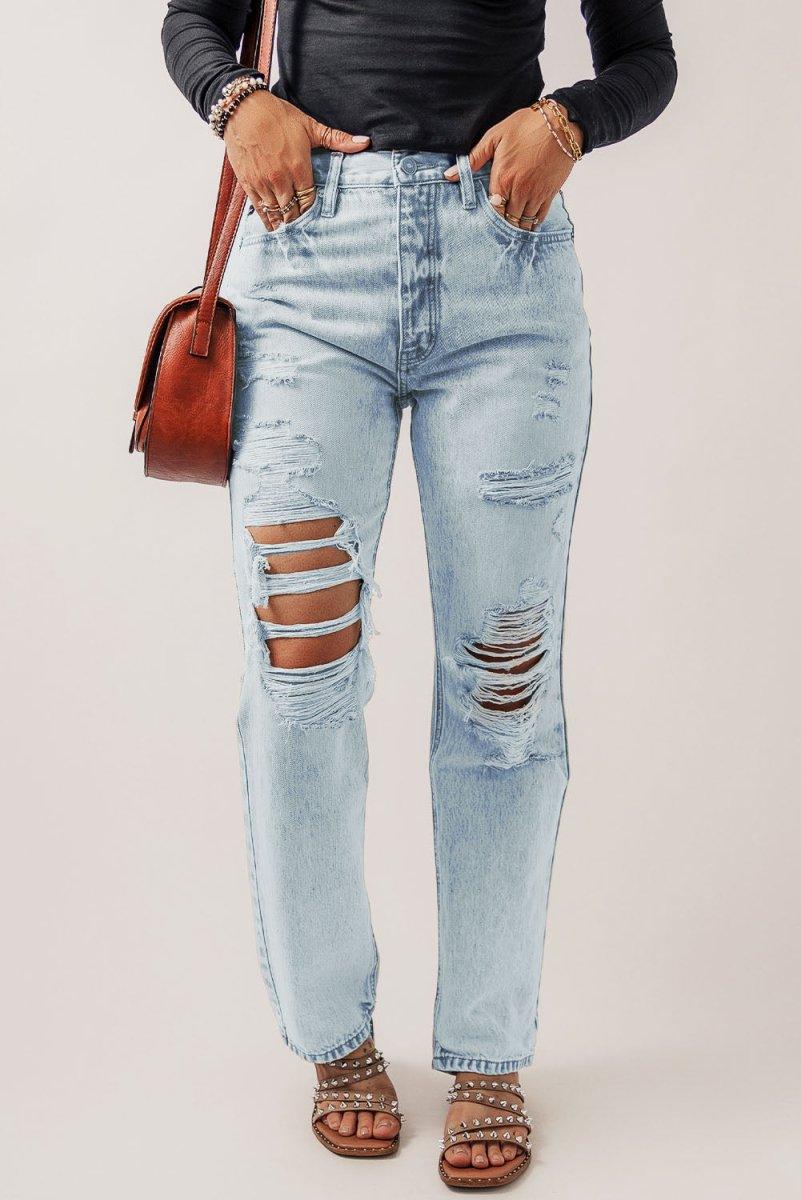 Vintage Distressed Acid Wash Blue Straight Leg Jeans - Klazzi Fashion Boutique