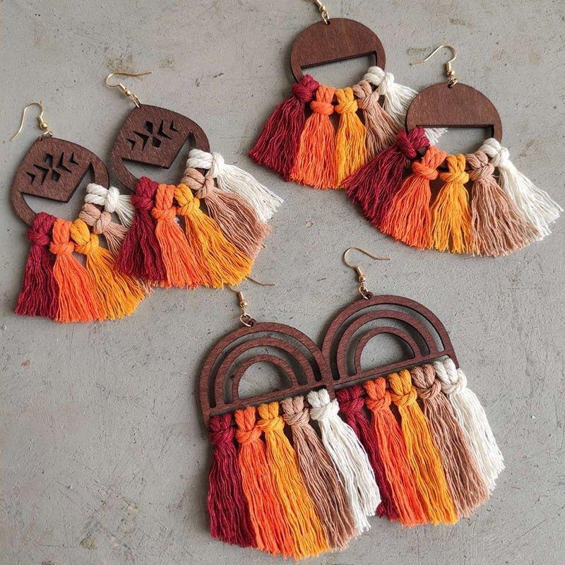 Vintage Wooden Autumn Fringe Tassel Earrings - Klazzi Fashion Boutique