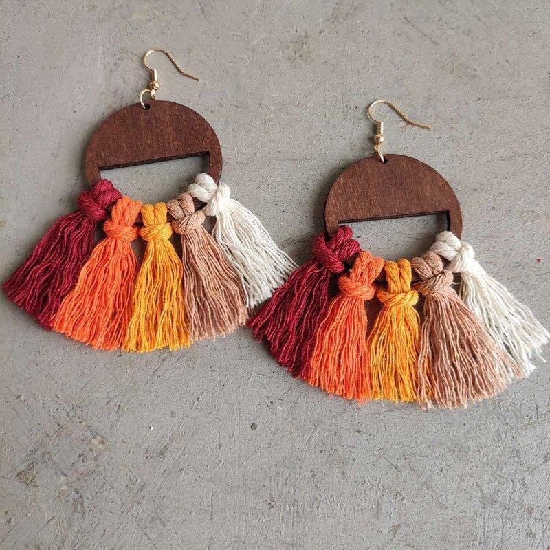 Vintage Wooden Autumn Fringe Tassel Earrings - Klazzi Fashion Boutique