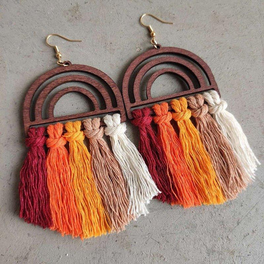 Vintage Wooden Autumn Fringe Tassel Earrings - Klazzi Fashion Boutique