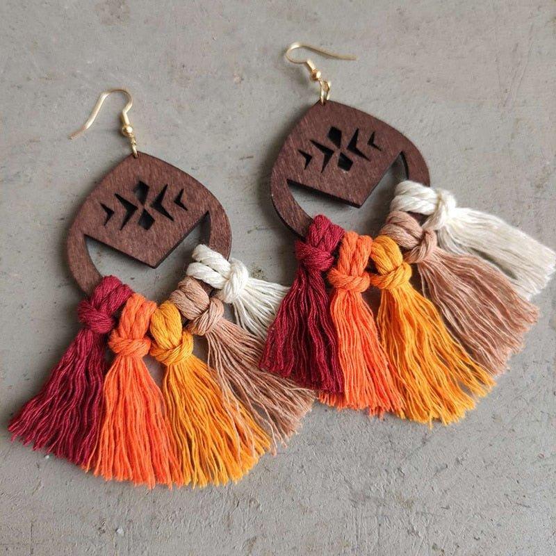 Vintage Wooden Autumn Fringe Tassel Earrings - Klazzi Fashion Boutique