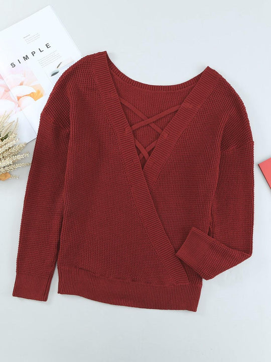 Crisscross Waffle-Knit Back Sweater