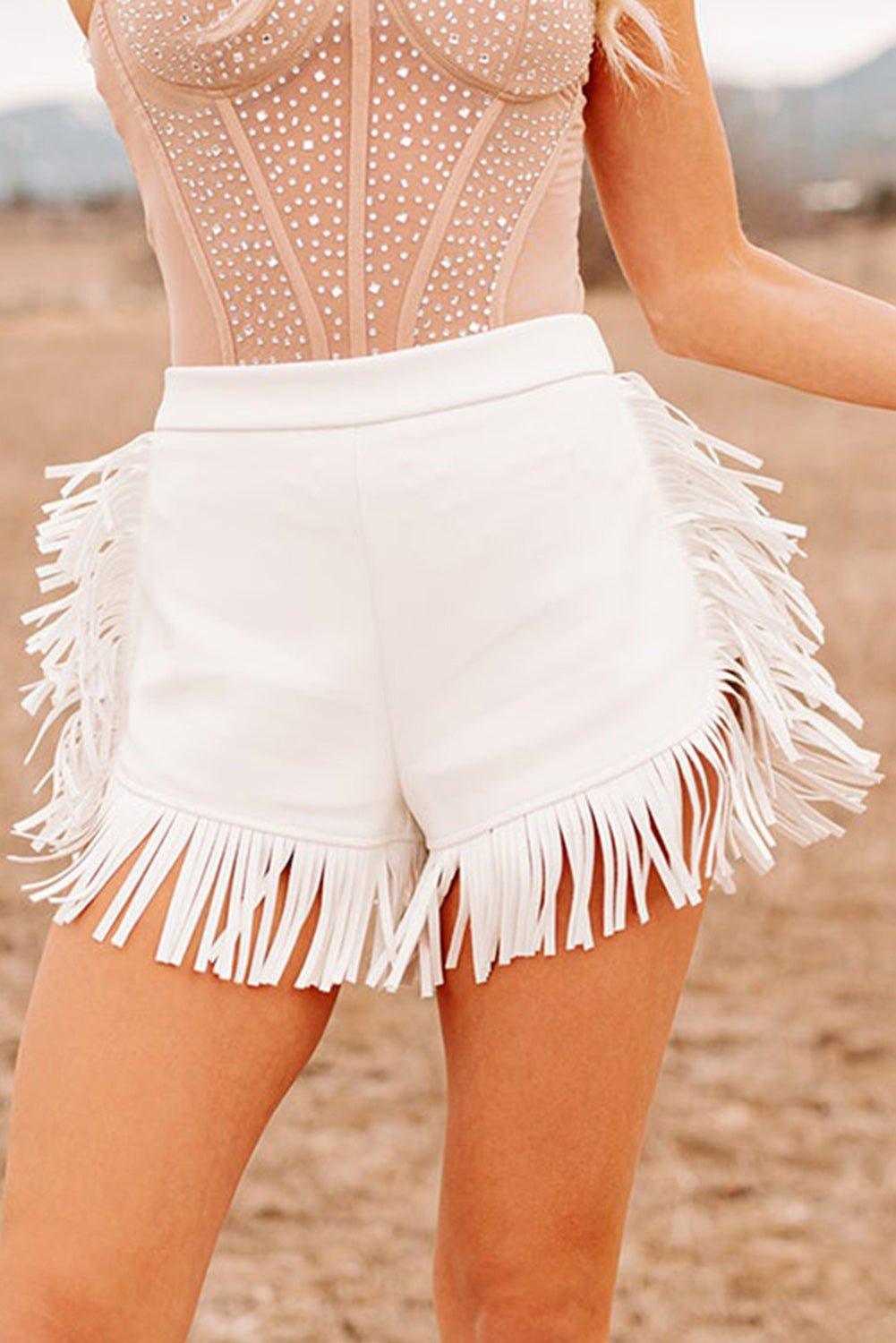 Western White Chic Fringy Trim Flare Shorts