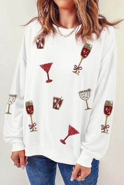 White "Cheers to You" Sequin Beverages Glasses Sweatshirt