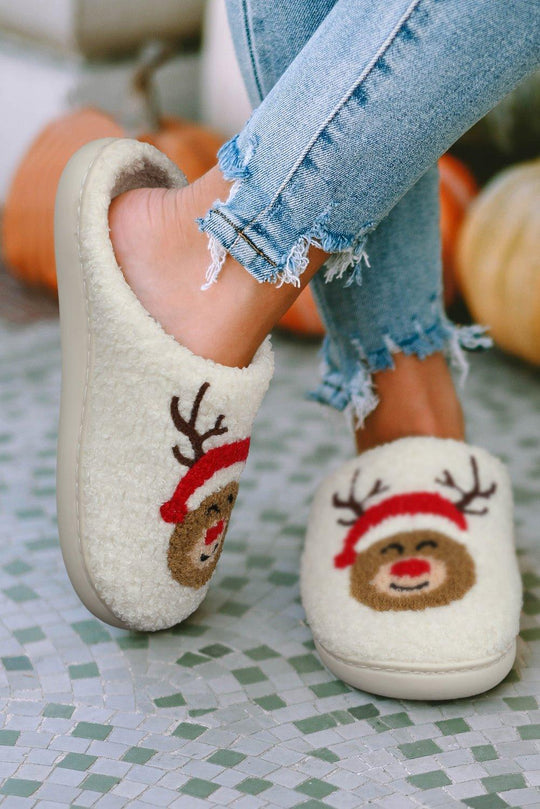 White Christmas Reindeer Fluffy Slippers