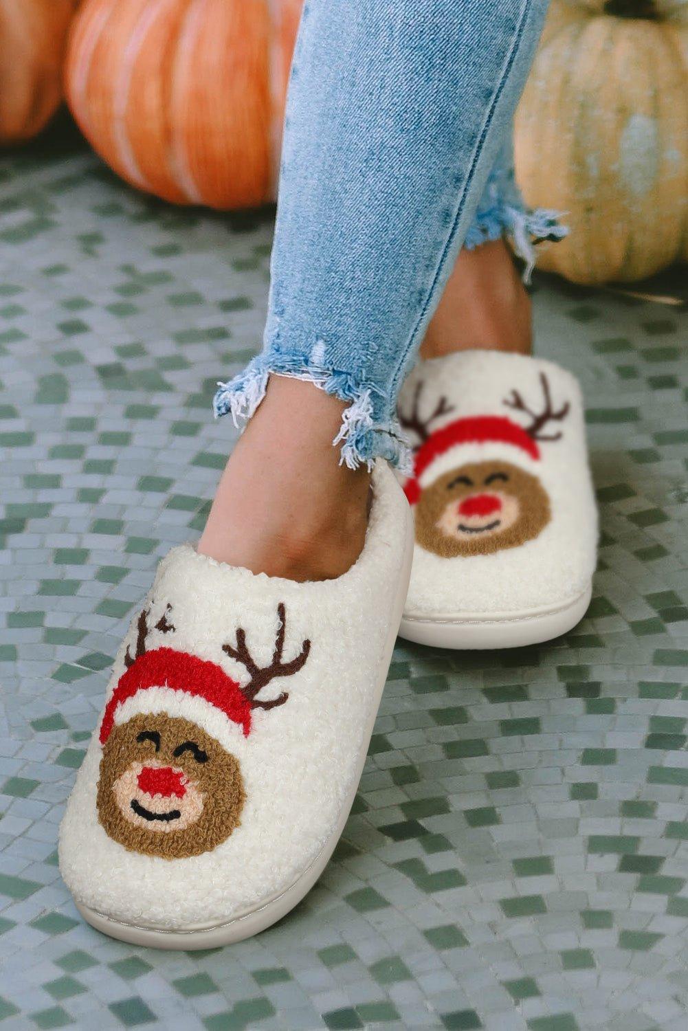 White Christmas Reindeer Fluffy Slippers - Klazzi Fashion Boutique