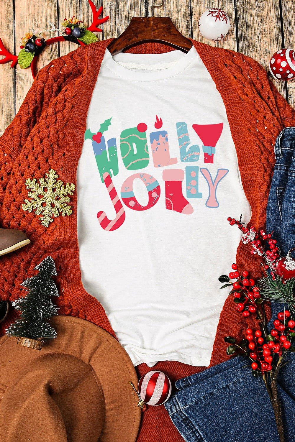 White Neon "HOLLY JOLLY" T-Shirt - Klazzi Fashion Boutique